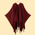 Classic dark red tasseled shawl cardigan with side slits in soft cashmere-like knit fabric - Burgundy