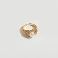 Gothic style golden open ring with central pearl and sparkling crystal accents - Artificial Pearl (ES2757-6)