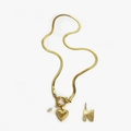 Gold snake chain necklace with heart pendant, pearl charm, and letter N detail - Gold - Letter N