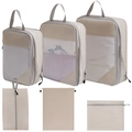 Beige 6-piece travel organizer set with mesh packing cubes and drawstring laundry bags - 6-Piece Set (includes Flat Pocket) / Beige