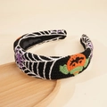 Knitted Halloween headband with embroidered orange pumpkin and purple spider detail - Spider