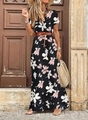 Detail of boho floral V-neck maxi dress with brown leather belt and summer straw bag - S / Black Floral