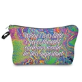 Detail of tie-dye makeup bag showing slogan text and durable black zipper closure - Colorful Fluid English Quote