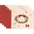Set of 4 Christmas placemats with wreath patterns in red and beige cotton linen - Style 27