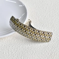 Checkered brown and white acetate rectangular spring hair clip on a white ceramic plate - 25# Spring Clip (Brown White Faux Woven)
