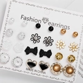 12-pair earring set featuring gold and silver alloy studs with pearls and rhinestones - Floral Heart Bow Ball Pearl Set (ER21Y0531-2)