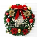 Classic Christmas wreath with red bow, gold flowers, ornaments and Merry Christmas sign - Four Flowers Style