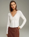 Slim fit white ribbed knit top with deep V-neckline and elegant lace trim detail - S / White