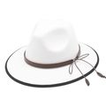 Weißer Wollfilzhut mit schwarzer Krempeneinfassung und braunem Lederband für Damen - M (56-58cm) / Weiß