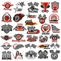Close-up of 32 racing-themed embroidery patches featuring helmets and checkered flags - Racing Patches Set 32Pcs
