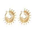 Detailed view of gold C-shaped earrings with textured radial geometric lines and metallic finish - Radiating Geometric Lines Style (CE00260YS)