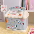 Blue house-shaped piggy bank with Lucky rabbit stickers and LOVE handle strap - Blue House (With Stickers)