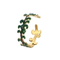 Gold-plated vine leaf open ring with green enamel accents on a clean white background - Adjustable Open / Vine Green Leaves (J390-3)