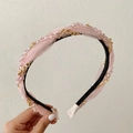 Pink braided headband with gold chain and crystals, elegant hand-held hair accessory - Pink