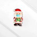 Enamel brooch featuring Santa Claus wearing a blue mask and holding a green gift box - Yncp5828 Blue Brooch