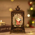 Vintage bronze Christmas lantern with Santa scene, LED lights, and swirling snow - Hollow Carved Style-Santa Claus