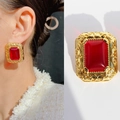 Vintage Baroque gold earrings with large rectangular red gemstone and ornate details - Vintage Red Rectangular Gem (Style 7) Clip-on