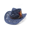 Navy blue hollowed-out straw cowboy hat with bohemian feathers and leather band - M (56-58cm) / Navy Blue