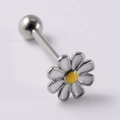 Surgical stainless steel tongue ring with a yellow and white daisy flower stud decoration - 1.6mm / White Flower
