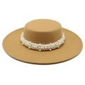 French style khaki wool flat top hat with elegant pearl chain embellishment - M (56-58cm) / Camel