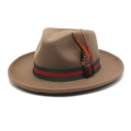 Classic camel wool fedora hat with red-green striped ribbon and feather accent - M (56-58cm) / Dark Khaki