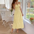 Elegant pale yellow camisole maxi dress with gathered waist and tiered skirt design - S / Yellow