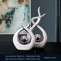 Moderne witte keramische abstracte beelden met zilveren accenten voor woondecor - Wit Zilver - Paar