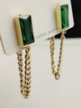 Gold titanium steel earrings with rectangular green gemstone and long chain tassels - Green
