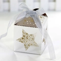 Elegant white laser-cut star and heart favor box with a light blue silk ribbon bow - Reflective Silver