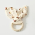 Cotton baby comforter with pear print bunny ears and a natural wooden teething ring - Peach Pink