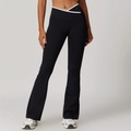 High waist black flare yoga pants with white V-cross waistband for body shaping - M / Premium Black