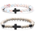 Couples volcanic stone beaded bracelet set with spotted stones and metal cross - 6MM White Turquoise & Shoushan Stone Set