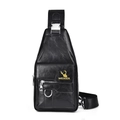 Waterproof black leather sling bag for men with textured finish and metal zipper - WEIXIER Label / Black