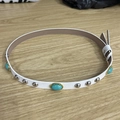 White leather braided belt with turquoise stones and silver studs on wood background - 56-58cm / White Leather Choker with Three Turquoise Studs (AB281)