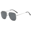 Close-up of silver metal pilot sunglasses with dark gray lenses and slim frame - Silver Frame Black Grey Lens
