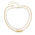 Men's double layer necklace featuring golden twisted chain and white faux pearl beads - Gold Double Layer