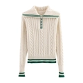 Pull en maille torsadée crème pour femme avec rayures vertes et grand col à revers - S / Haut Blanc Lait