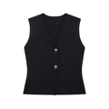Chaleco de punto negro con cuello en V, elegantes botones dorados y tela texturizada - S / Negro