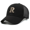 Classic black trucker cap with beige R letter embroidery and breathable mesh panels - Adjustable / Black with Gold Embroidery