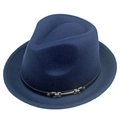 Detailed close-up of dark blue wool fedora with black leather band and gold buckle - M (56-58cm) / Navy Blue
