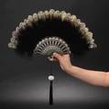 Ventaglio pieghevole nero classico con piume di pavone ed elegante nappa di perle bianche - Ventaglio in piuma bronzante Nero