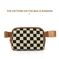Checkered pattern nylon belt bag with adjustable strap and buckle closure in top view - Checkerboard Pattern / Brown