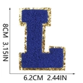 Detailed view of Royal Blue Chenille Letter L Patch with Gold Sequins and size markings - Letter L