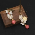 Elegant natural freshwater pearl earrings with red beads and golden leaf charms - Watermelon Red Flower Style