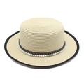 Elegant French straw boater hat with black trim and pearl band for summer beach vacations - Beige Pearl Style
