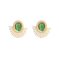 Détail des boucles d'oreilles soleil dorées avec pierres œil de chat vert olive serties - E1479 Clous de Soleil Oeil de Chat Vert