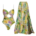 Set vacanza 2 pezzi con costume da bagno stampa tropicale verde e gonna a fessura - Taglia S / Set / Giallo Floreale