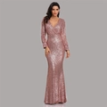 Elegant rose gold sequin evening gown with a V-neck, long sleeves and fishtail silhouette - US size 2 / Rose Gold