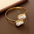 Gold-plated open bracelet featuring two unique baroque pearls in a minimalist design - Irregular Geometric Baroque Pearl Open Cuff