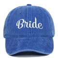 Detailed view of white Bride embroidery on blue cotton washed baseball cap - BRIDE / Sapphire Blue